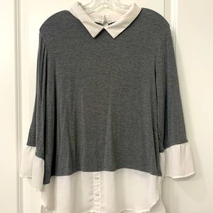 Grey and white collared long sleeve blouse